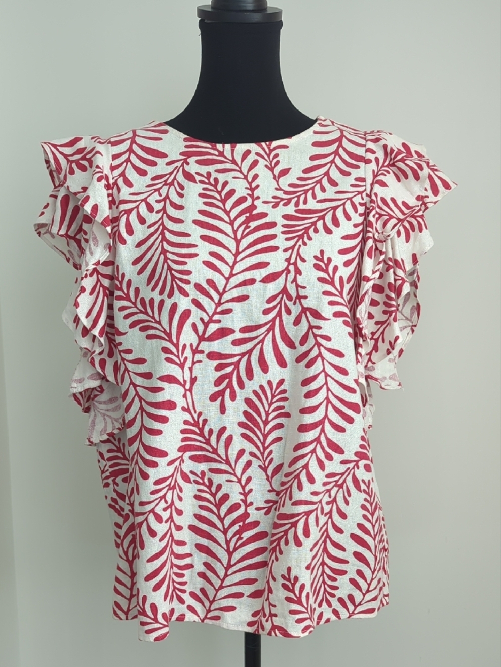 Who What Wear At Target Red Botanical Leaf Print Linen Blend Ruffle Blouse XL